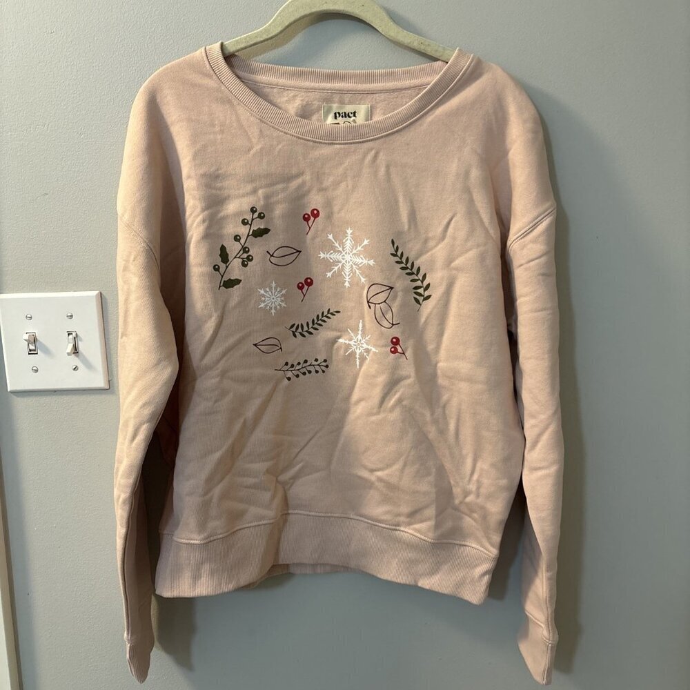 NEW Pact 100% Organic Cotton Pink Winter Sprigs Slouchy Women's Sweatshirt S